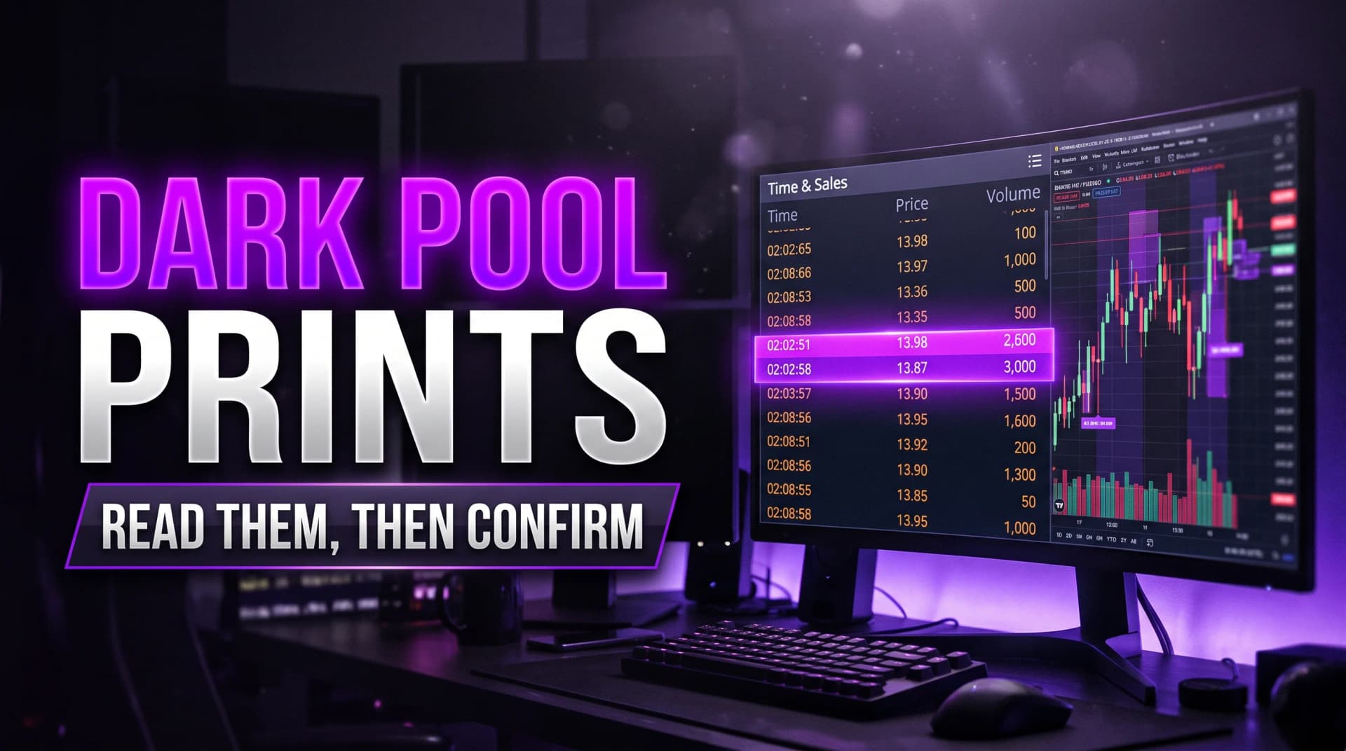 Dark pool prints for day trading, showing a Time and Sales feed with one large highlighted print next to a candlestick chart