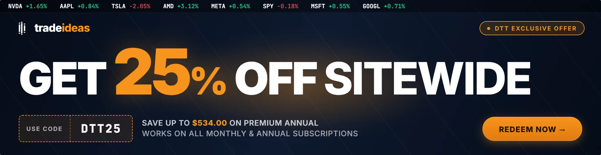 Code DTT25 takes 25% off any Trade Ideas plan through Sept 14