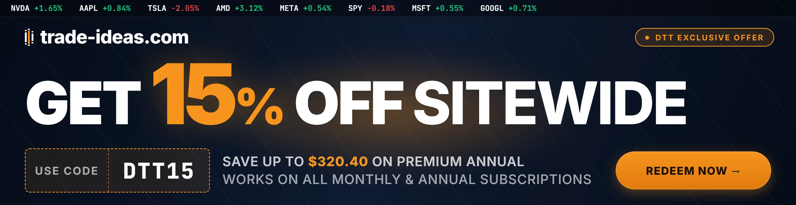 Code DTT15 takes 15% off any Trade Ideas plan at checkout