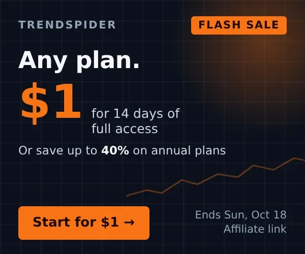 TrendSpider weekend flash sale: any plan for $1 for 14 days, or up to 40% off annual plans. Ends Sunday, Oct 18.
