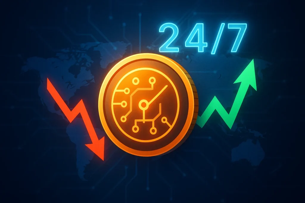 Digital illustration of a glowing gold coin with a circuit pattern in the center, surrounded by a red downward arrow and a green upward arrow, with “24/7” glowing above, symbolizing the nonstop and volatile nature of crypto markets.