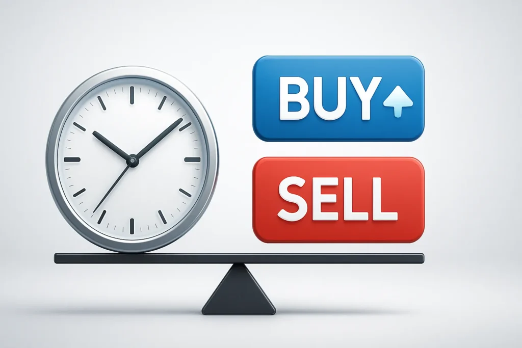 Illustration of a clock with blue "BUY" and red "SELL" buttons, symbolizing the concept of buying and selling stocks within a single trading day.