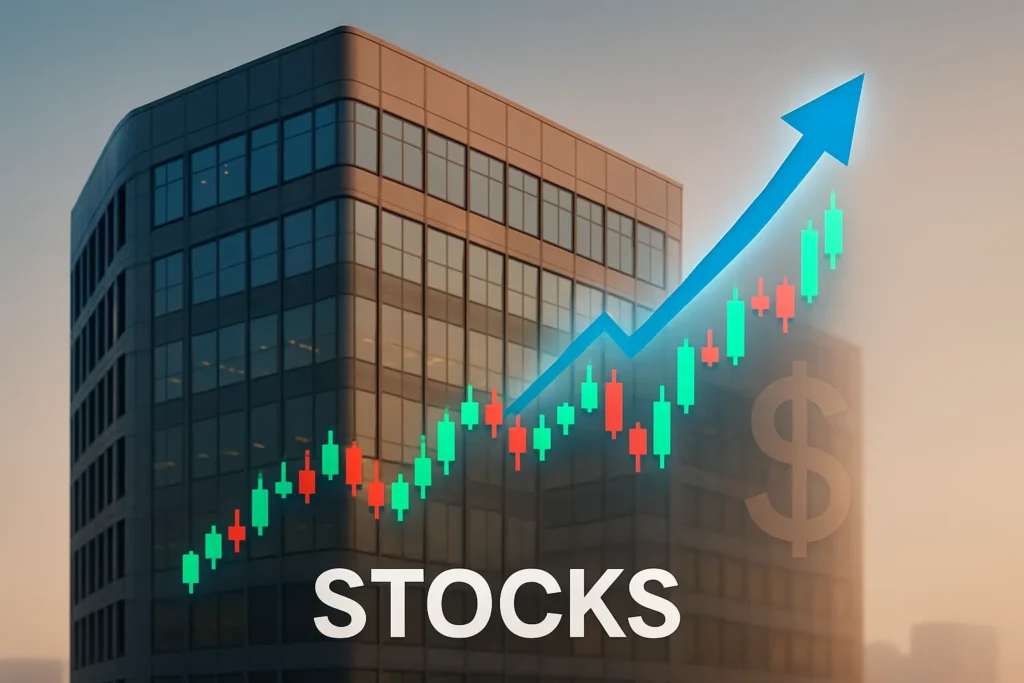 Modern glass office building with a rising stock market candlestick chart in front, featuring green and red bars and a bold upward arrow, symbolizing stock price movements and company ownership.