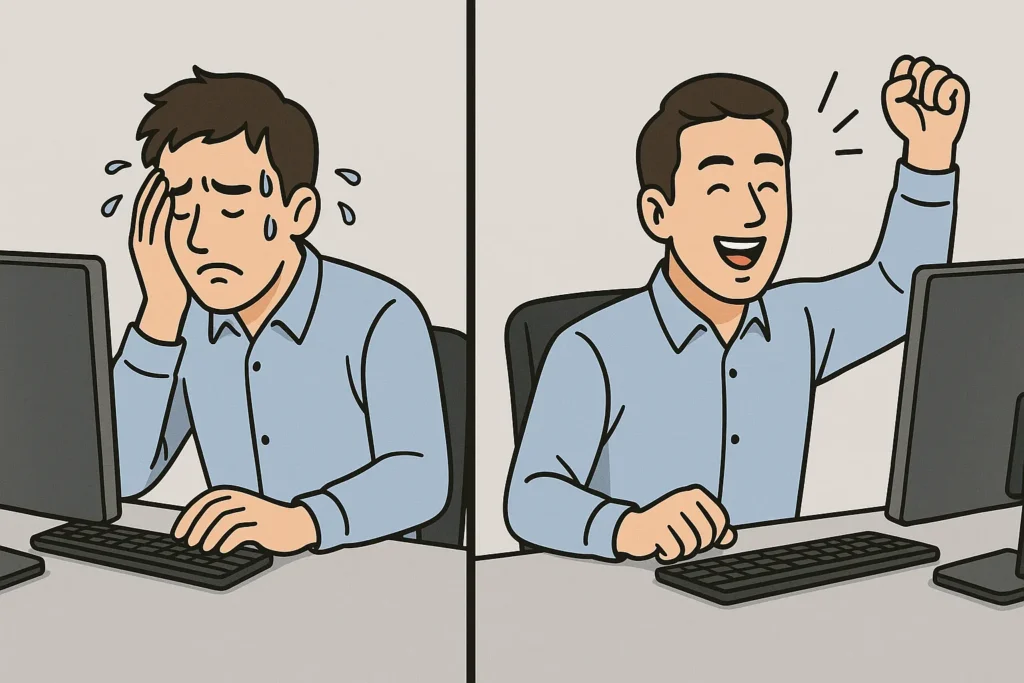 Two-panel illustration of a man at his computer: on the left he looks stressed and anxious, and on the right he celebrates with a smile and raised fist, representing the emotional highs and lows of day trading.