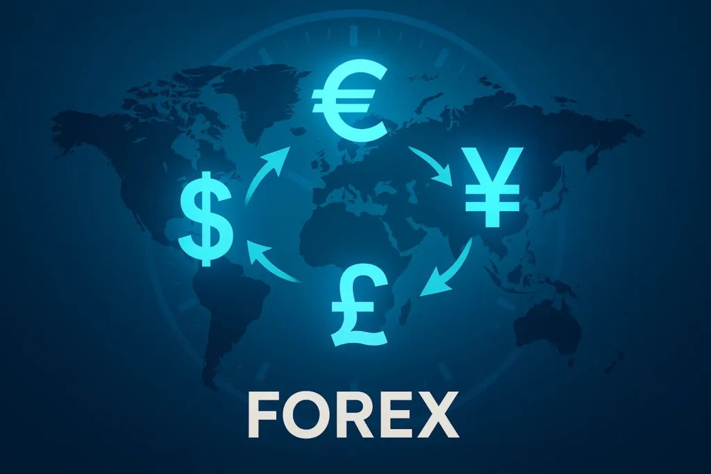 Digital illustration of a world map with glowing currency symbols for USD, EUR, GBP, and JPY connected by arrows, overlaid with a subtle clock face, representing the global and nonstop nature of the forex market.