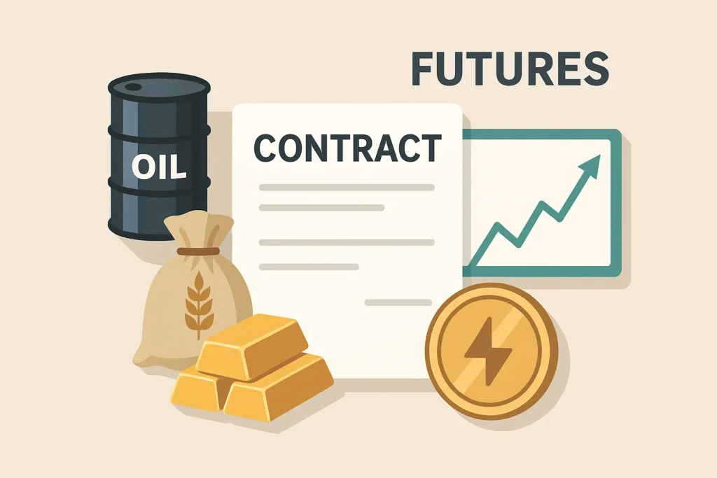 Illustration of a contract document labeled “CONTRACT” surrounded by commodities such as oil barrels, a sack of wheat, and gold bars, alongside a green upward-trending financial graph, representing the concept of futures trading.