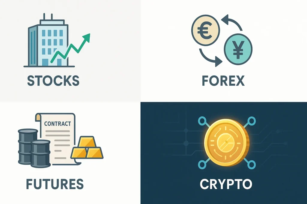 Infographic divided into four sections, each showing a symbol for a financial market: a building with a rising graph for Stocks, currency exchange icons for Forex, a contract with oil barrels and gold bars for Futures, and a glowing digital coin for Crypto.