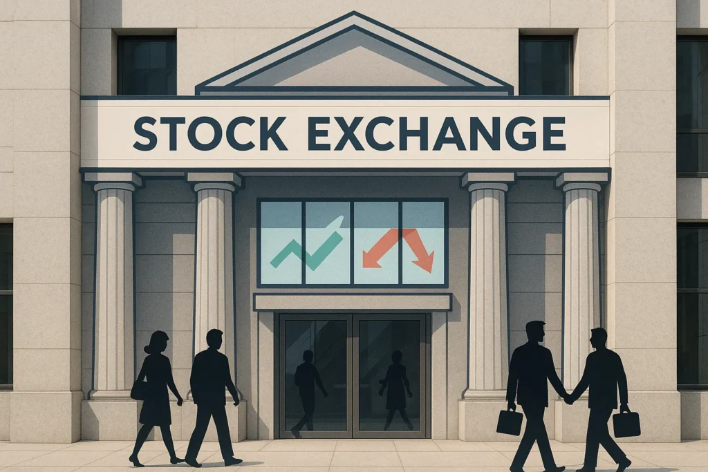 Digital illustration of a stock exchange building with classical pillars and a “STOCK EXCHANGE” sign above the entrance, featuring green and red arrows in the windows and silhouettes of people entering and leaving.