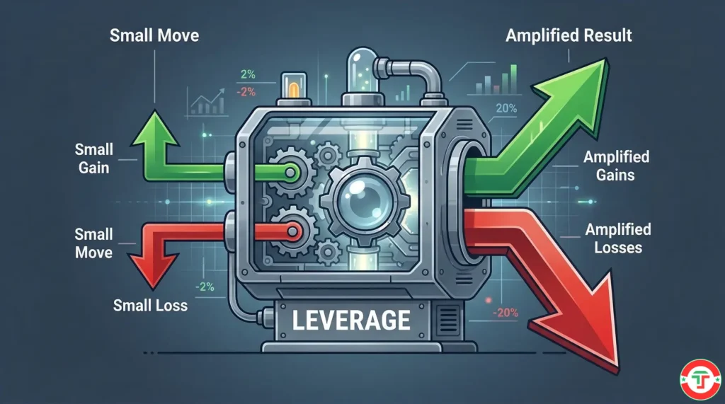 Visual metaphor showing leverage as an amplifier that equally magnifies trading gains and losses, illustrating why high forex leverage is dangerous for beginners