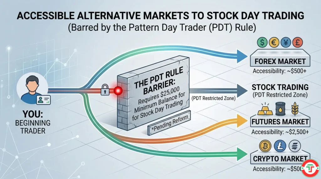 Infographic showing the PDT rule as a wall blocking stock day trading under $25K, with alternative paths to forex, futures, and crypto markets
