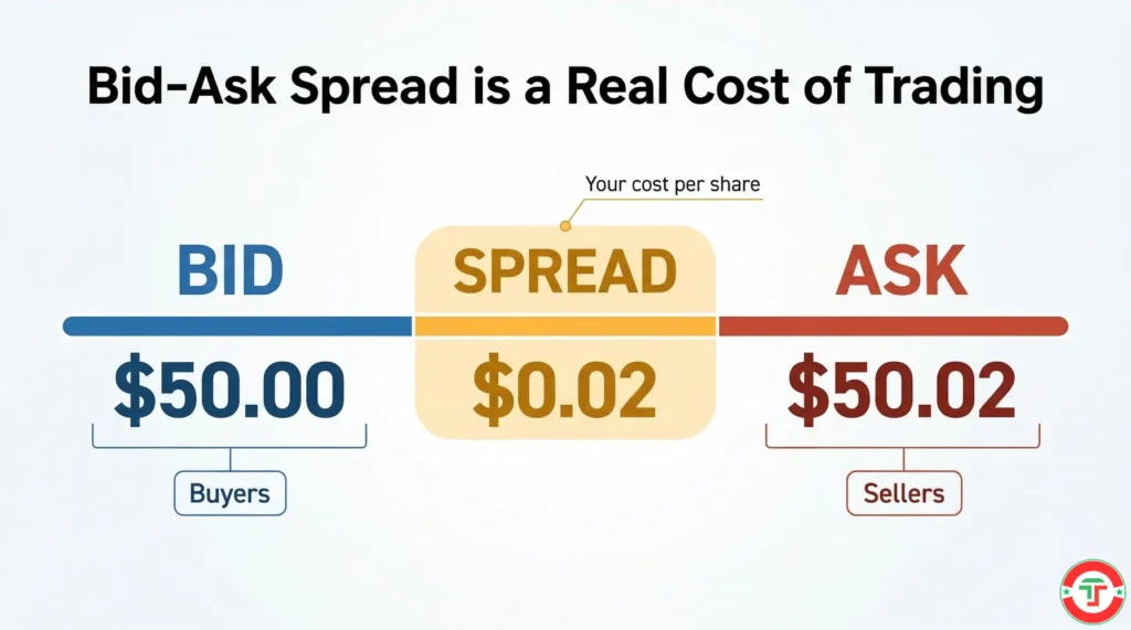 Infographic showing the bid-ask spread in stock trading — the gap between the buyer's highest price and the seller's lowest price that represents a real trading cost