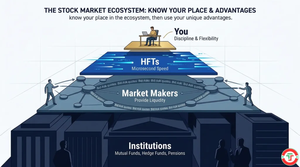
Illustration showing stock market participants by relative size — institutions as the largest players, followed by market makers, HFTs, and retail traders as the smallest