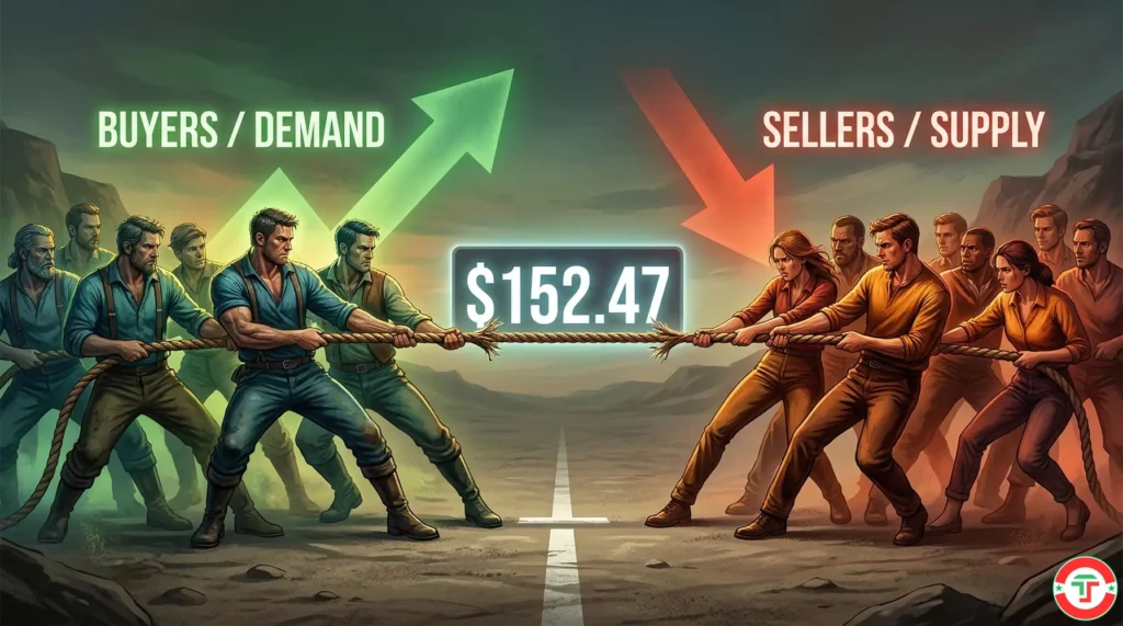 Tug of war metaphor showing how stock market supply and demand between buyers and sellers determines whether prices rise or fall