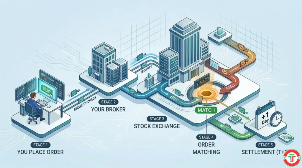 Isometric illustration showing the five steps of how a stock trade gets executed — from clicking buy to order routing, exchange matching, and T+1 settlement