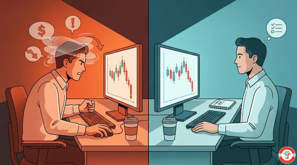 Split illustration showing a calm, disciplined trader with a clear mind on one side contrasted with a chaotic, emotionally reactive trader surrounded by fear and greed on the other — teaching that psychology is the real challenge in day trading