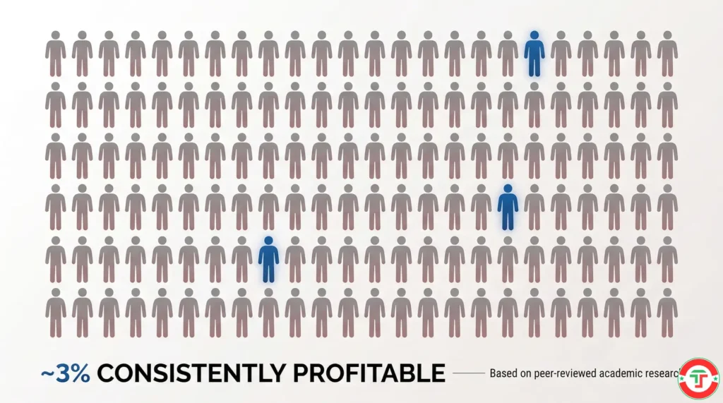 Infographic showing 100 trader figures where 97 are dimmed and only 3 remain lit, visualizing that only about 3% of day traders are consistently profitable based on academic research