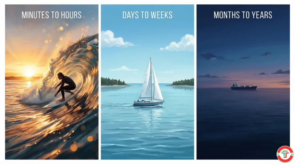 Three-panel comparison showing day trading as surfing waves, swing trading as sailing across a bay, and investing as a ship crossing an ocean — illustrating time horizon differences