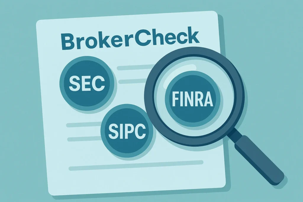 Flat illustration of a magnifying glass inspecting SEC, FINRA, and SIPC badges on a BrokerCheck document.
