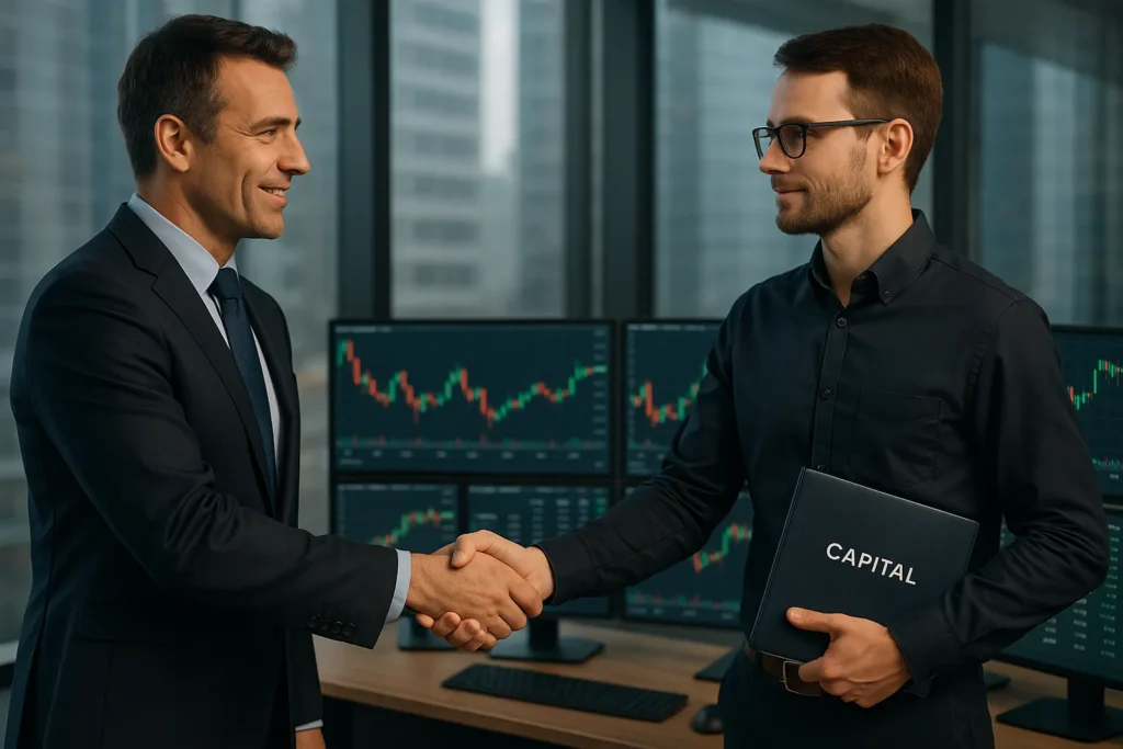 A CEO in a suit shakes hands with a broker holding a folder labeled capital, with trading screens in the background.