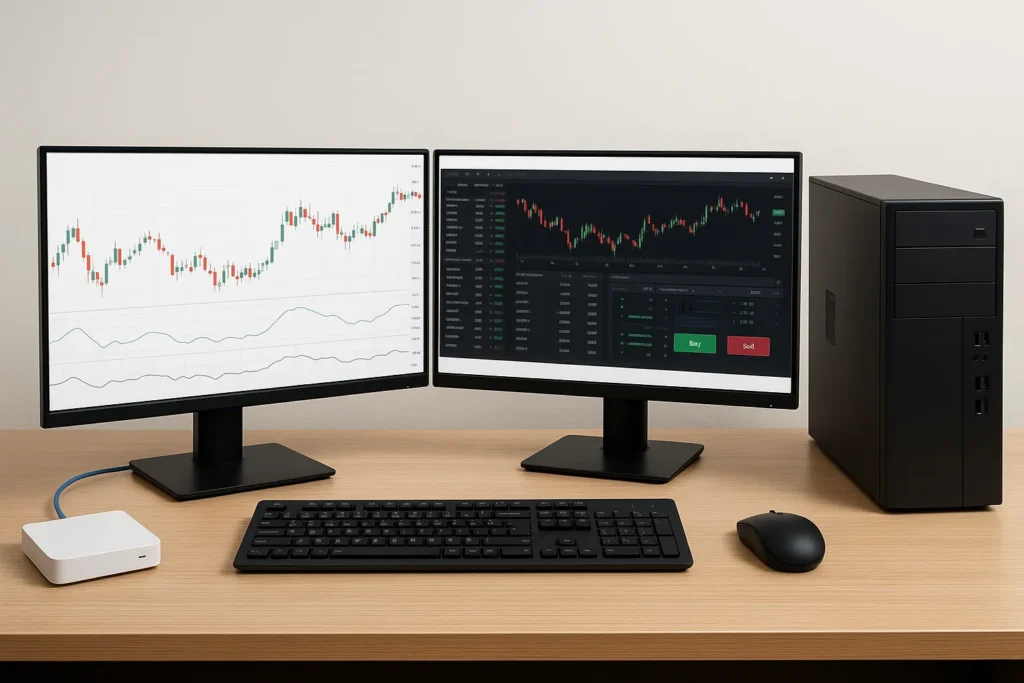 Photorealistic trading desk with desktop tower, two monitors, keyboard, mouse, and Ethernet connection