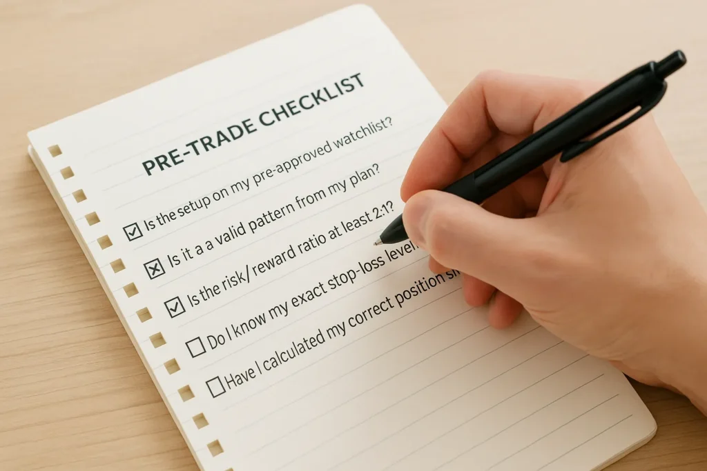 Hand holding a pen marking a Pre-Trade Checklist notebook with trading rules including watchlist validation, risk/reward ratio, stop-loss, and position sizing.