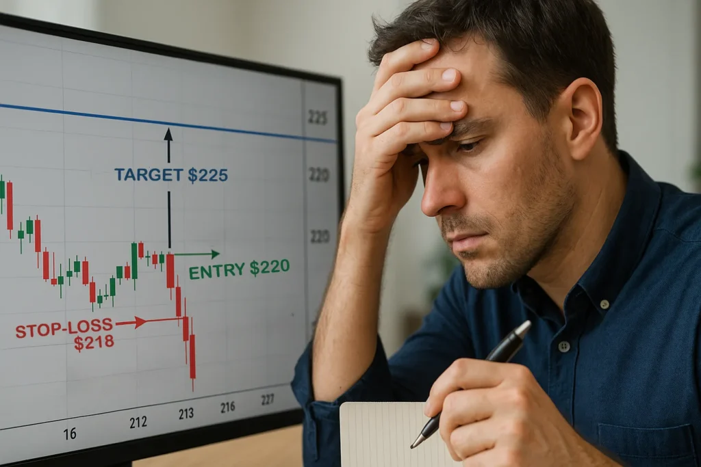 Male trader stressed while monitoring Coinbase (COIN) chart with entry price at $220, stop-loss at $218, and profit target at $225, as current price drops near $218.30.