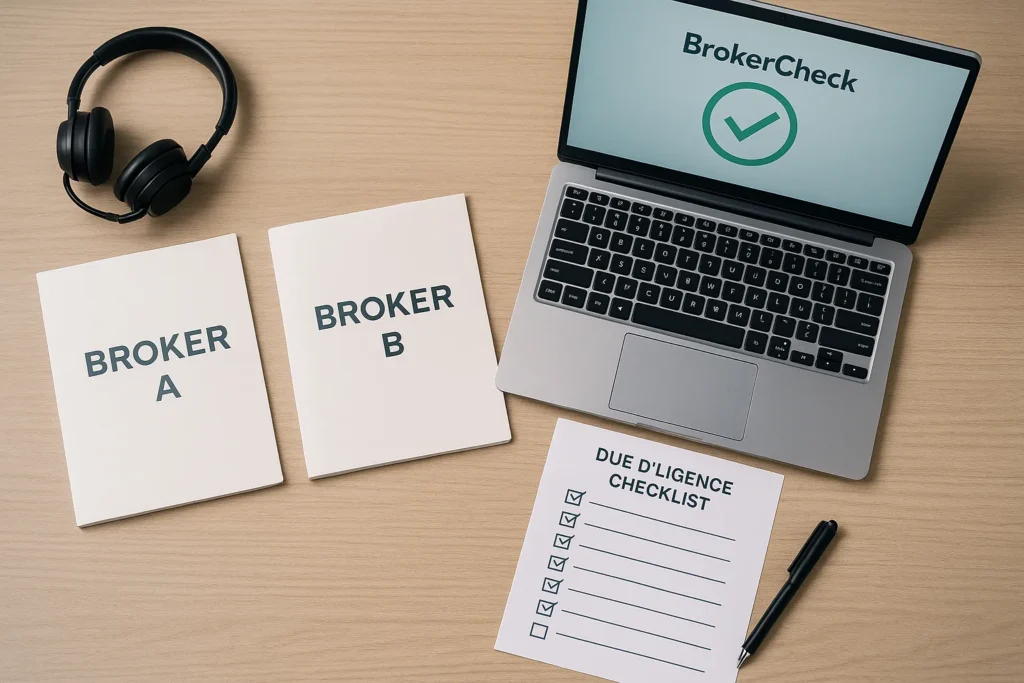 Top-down view of a desk with dossiers labeled Broker A and Broker B, a laptop showing BrokerCheck with a green checkmark, and a due diligence checklist with ticks.