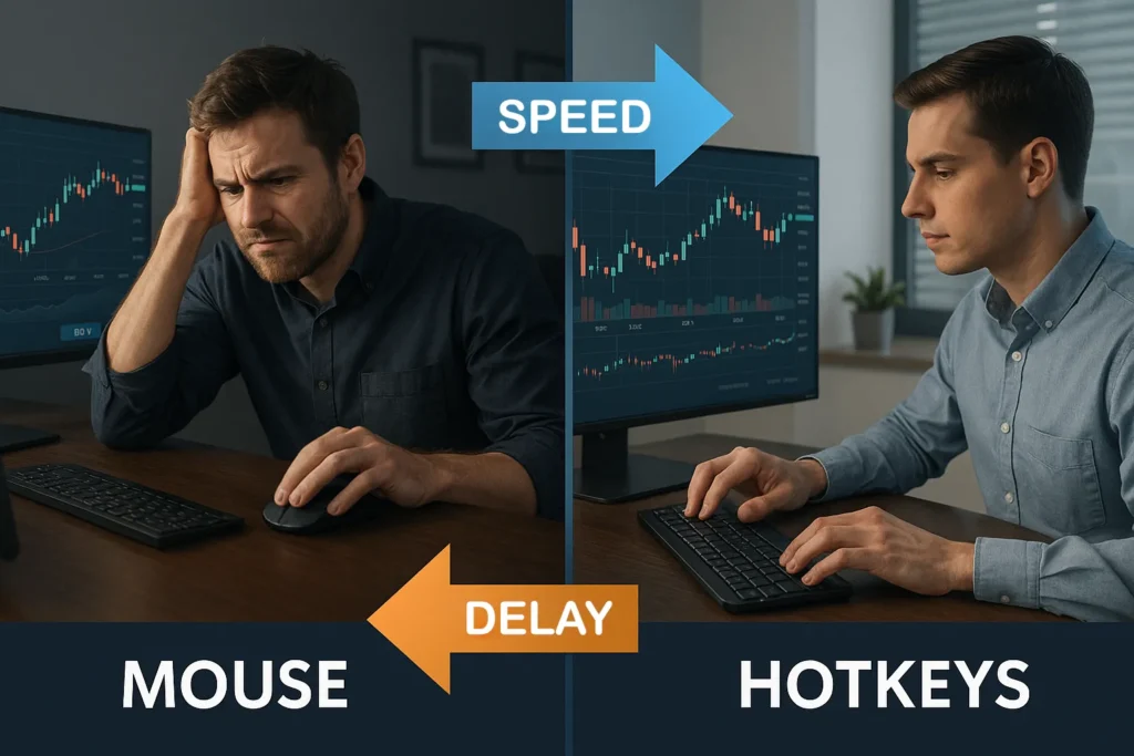 Split-screen illustration comparing a frustrated trader using a mouse with delay versus a focused trader using hotkeys for instant trade execution.