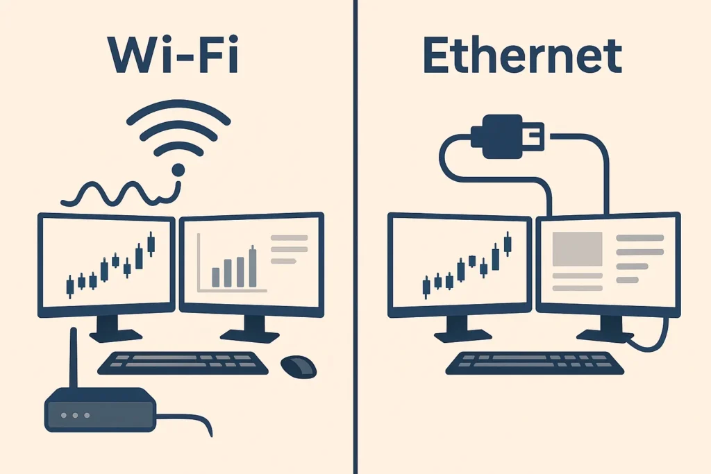 Side-by-side illustration of a trading setup using Wi-Fi with unstable waves vs. Ethernet with a solid connection.