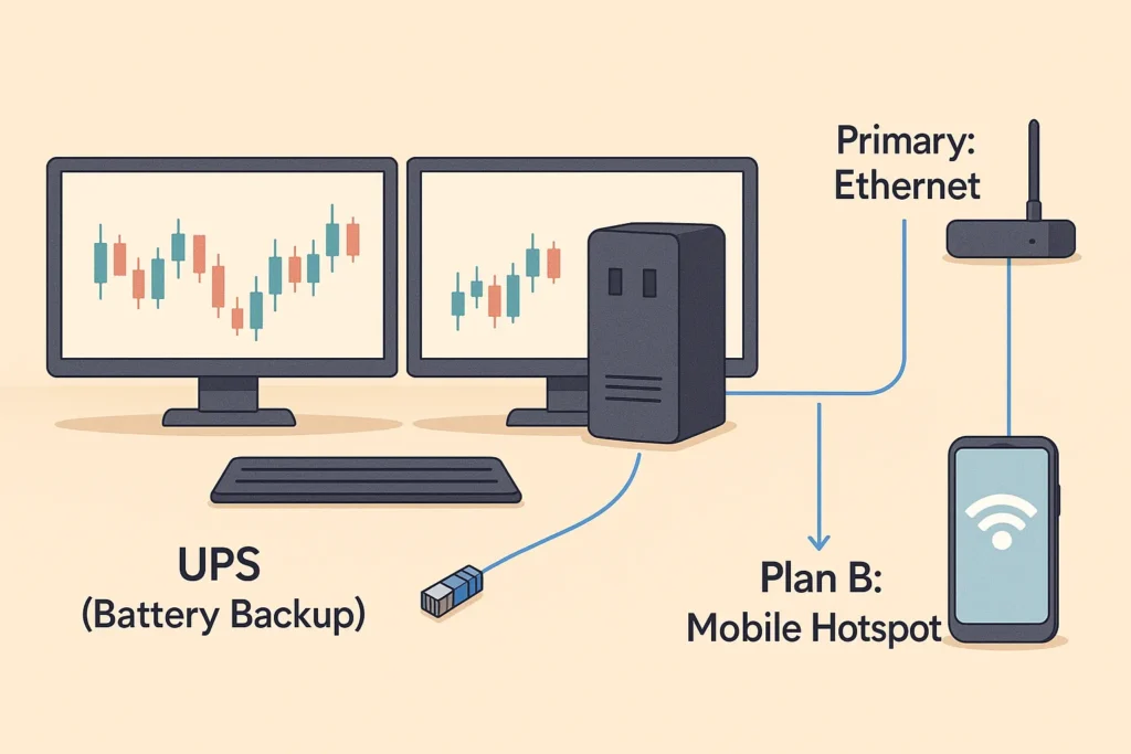 Infographic showing a UPS battery backup and smartphone mobile hotspot as safety nets for day trading.