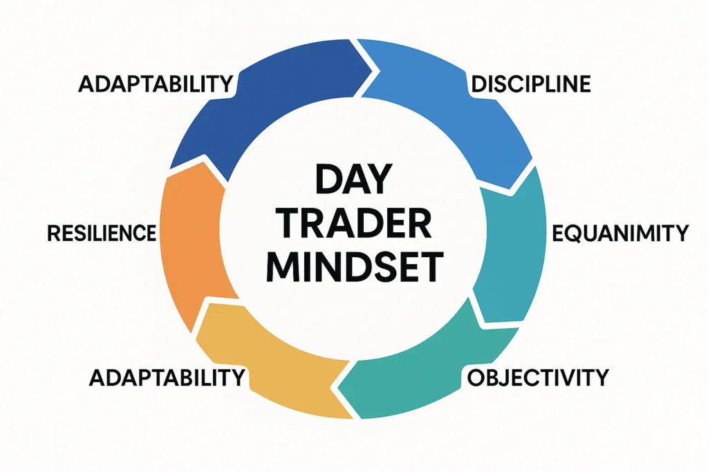 Infographic showing six essential day trader mindset traits — discipline, patience, equanimity, objectivity, resilience, and adaptability — in a circular design.