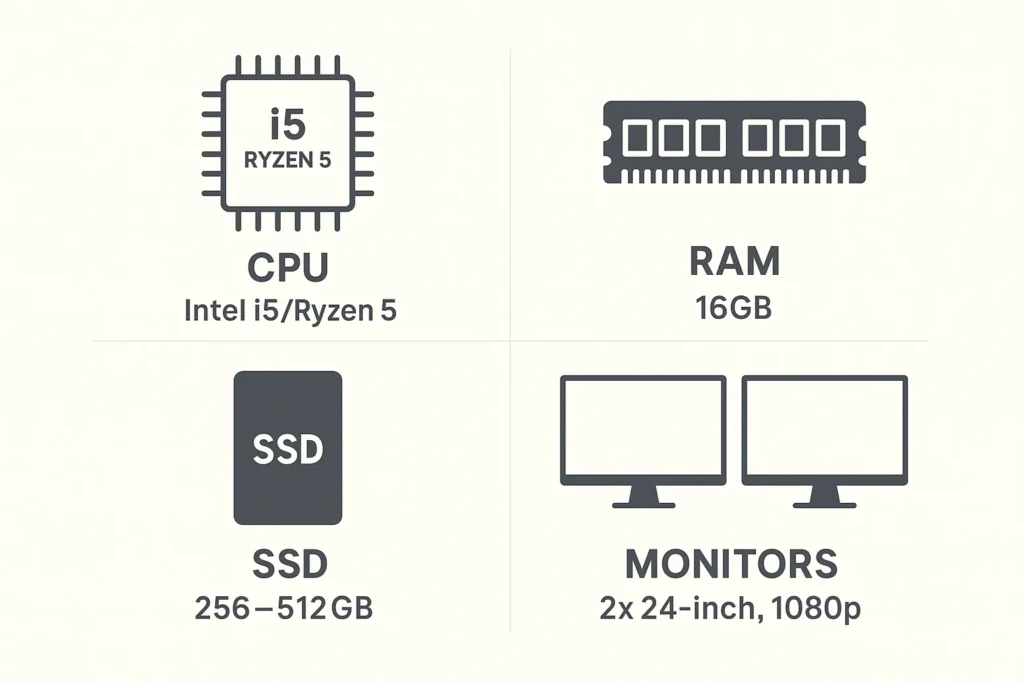 Infographic showing CPU Intel i5/Ryzen 5, 16GB RAM, 256–512GB SSD, and two 24-inch 1080p monitors.
