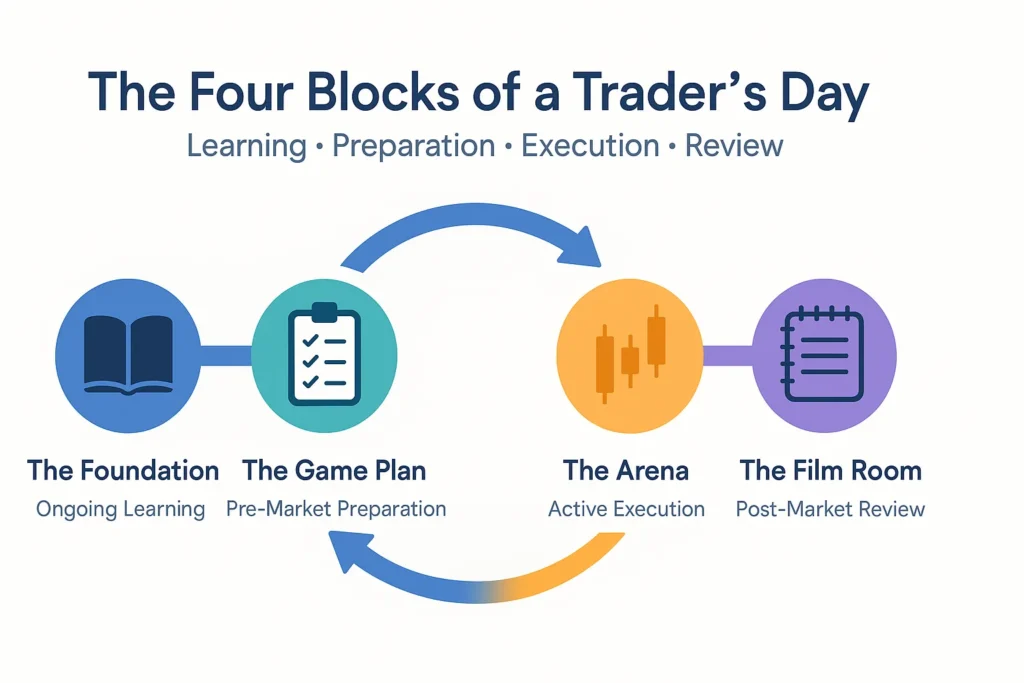 Infographic showing the four blocks of a trader’s day — ongoing learning, pre-market preparation, active execution, and post-market review — connected in a continuous flow.