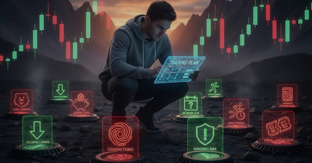 A realistic image showing a focused day trader crouching in a barren, rocky landscape under a dramatic sky with glowing stock charts in the background. He is carefully examining a transparent, holographic "Trading Plan" tablet. Around him, several circular "mines" are embedded in the ground, each emitting a soft glow and representing common beginner trading mistakes like "Averaging Down," "Chasing FOMO," "No Trading Plan," "Ignoring Risk," "Overtrading," and "Unrealistic Expectations." The scene symbolizes the strategic challenge of avoiding pitfalls in day trading. 10 beginner day trader mistakes.