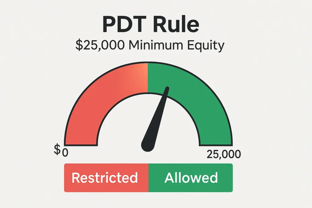 Infographic showing a semi-circular gauge labeled “PDT Rule.” The left red zone, marked $0 to just under $25,000, is labeled “Restricted.” The right green zone, starting at $25,000, is labeled “Allowed.” A bold marker highlights the $25,000 threshold with the caption “$25,000 Minimum Equity.”