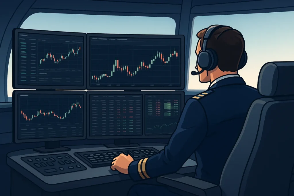 Illustration of a pilot in a simulator cockpit surrounded by monitors displaying candlestick charts and market data, symbolizing paper trading practice.