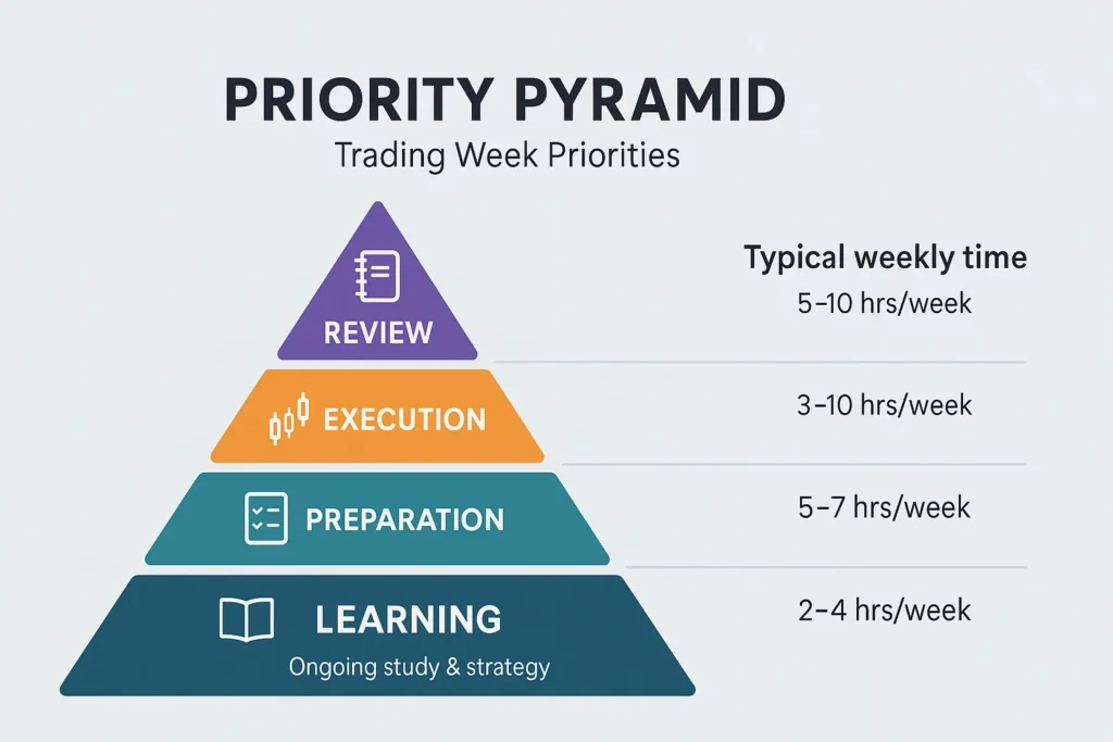 Infographic pyramid showing trading week priorities: learning at the base, preparation above, execution in the middle, and review at the top, with suggested weekly time ranges.