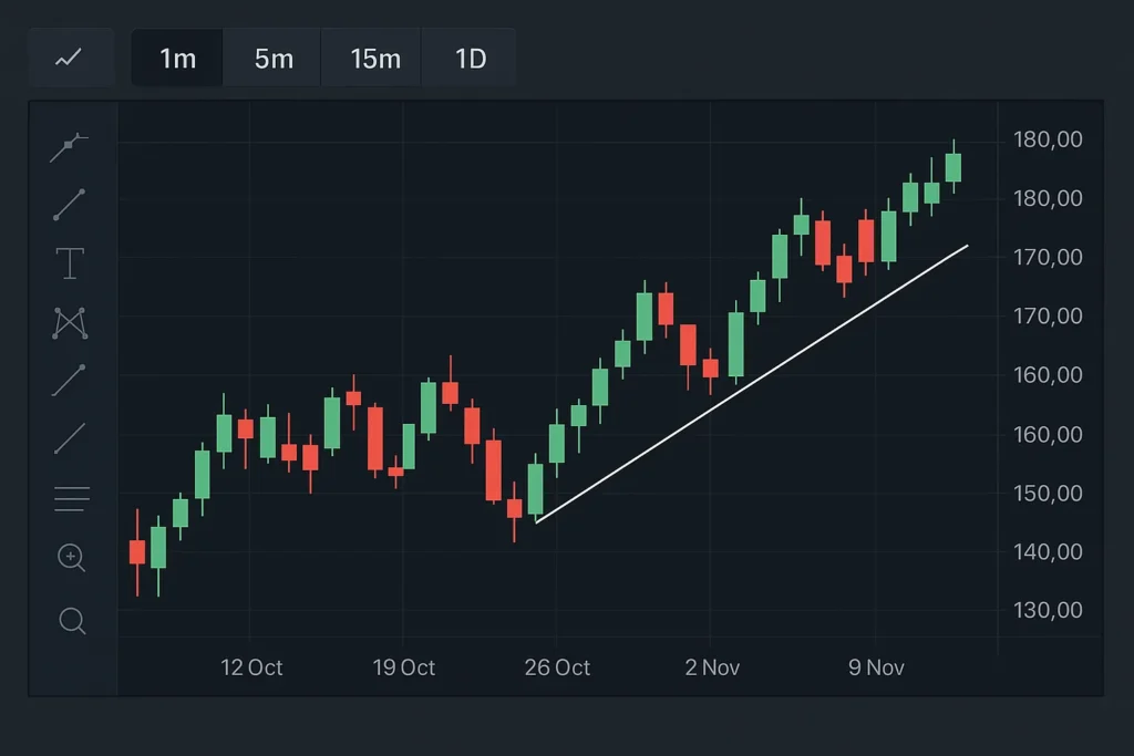 Dark-themed trading chart showing green and red candlesticks, a drawn trendline, and timeframe options for 1 minute, 5 minutes, 15 minutes, and daily.