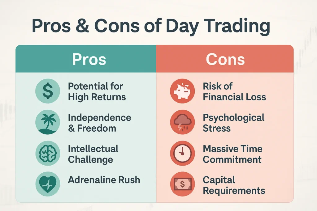 Infographic split into two columns comparing the pros and cons of day trading. The left side, in teal, lists four pros: potential for high returns, independence and freedom, intellectual challenge, and adrenaline rush, each with an icon. The right side, in red, lists four cons: risk of financial loss, psychological stress, massive time commitment, and capital requirements, each with a matching icon.