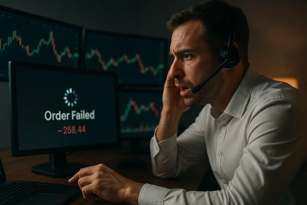Stressed trader wearing a headset sits at a desk of monitors, with one screen displaying an ‘Order Failed’ error and a negative trade balance.