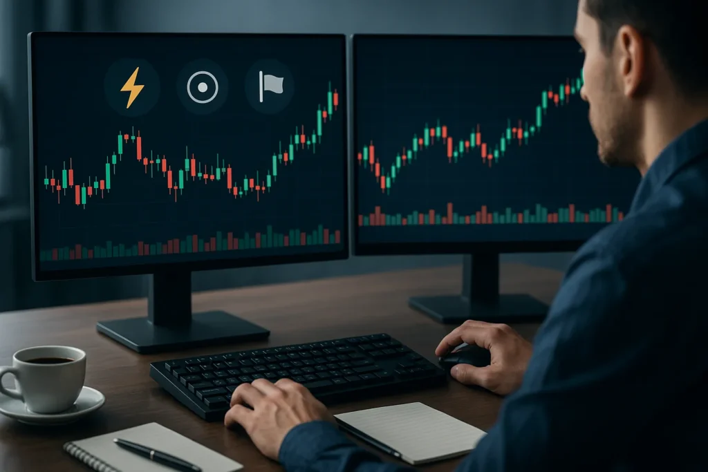 Focused trader at a modern desk with dual monitors displaying candlestick charts and icons representing market, limit, and stop orders.