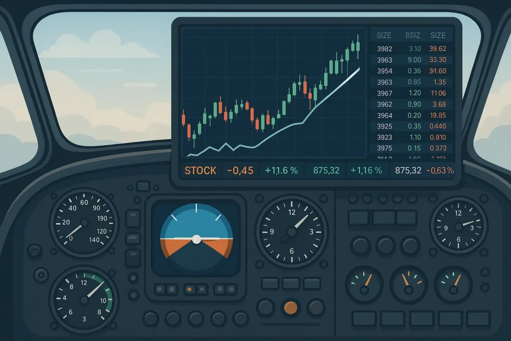 Digital illustration of an airplane cockpit with flight instruments blended into a trading platform screen showing candlestick charts and stock data.