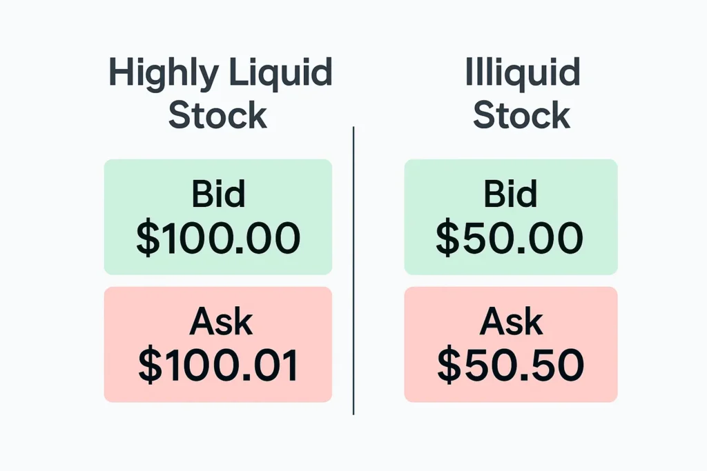 Infographic comparing a highly liquid stock with a tight $0.01 bid-ask spread and an illiquid stock with a wide $0.50 spread