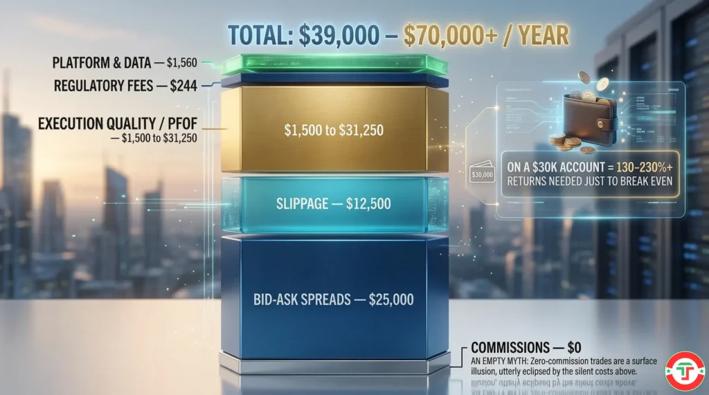 Stacked bar infographic showing the annual cost breakdown for an active day trader — bid-ask spreads as the largest layer at $25,000, slippage at $12,500, execution quality costs, regulatory fees, and platform fees stacking to a total of $39,000 to $70,000 or more per year.