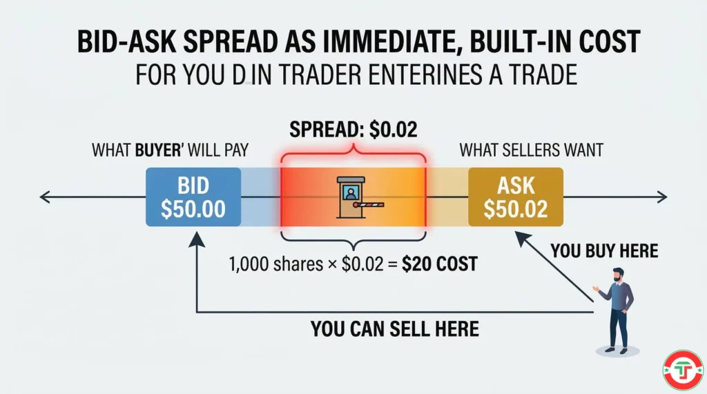 Clean infographic showing the bid-ask spread as a gap between the buying price and selling price of a stock, with a visual representation of the immediate cost a trader pays when entering a trade.