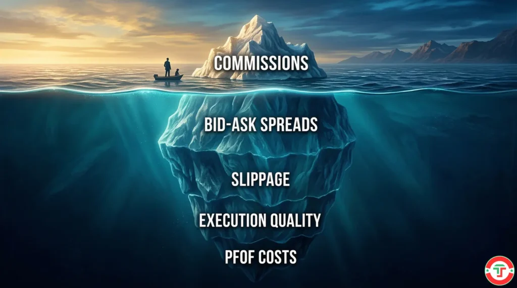 Iceberg metaphor showing brokerage costs — commissions visible above waterline while bid-ask spreads, slippage, execution quality impact, and PFOF costs hide below the surface as larger hidden trading expenses.