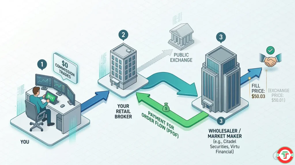 Isometric illustration showing payment for order flow — a trader's order flowing from their screen to a retail broker, then being sold to a wholesaler market maker, with money flowing back to the broker while the trader receives a slightly worse fill price.