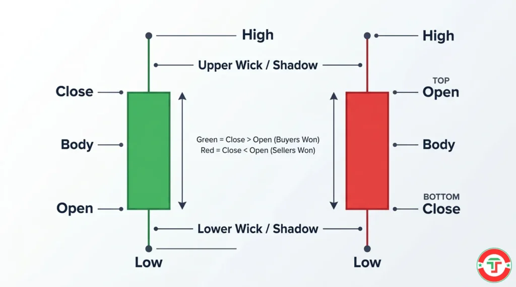Clean annotated diagram showing the anatomy of a bullish and bearish candlestick with labeled parts including body, upper wick, lower wick, open, close, high, and low prices
