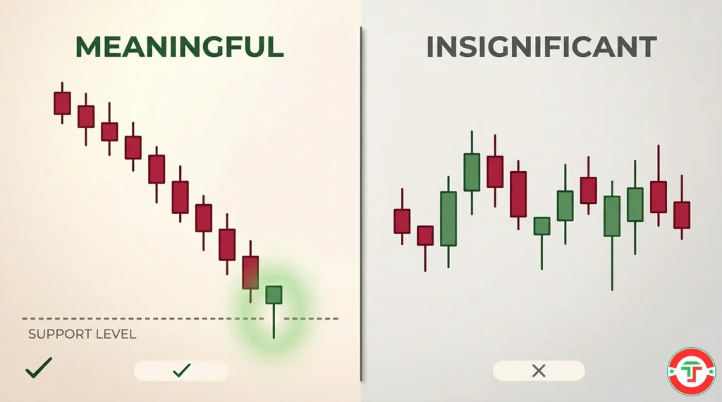 Split comparison showing the same hammer candlestick pattern in two different chart contexts: meaningful as a reversal signal at the bottom of a downtrend versus insignificant in the middle of a sideways range