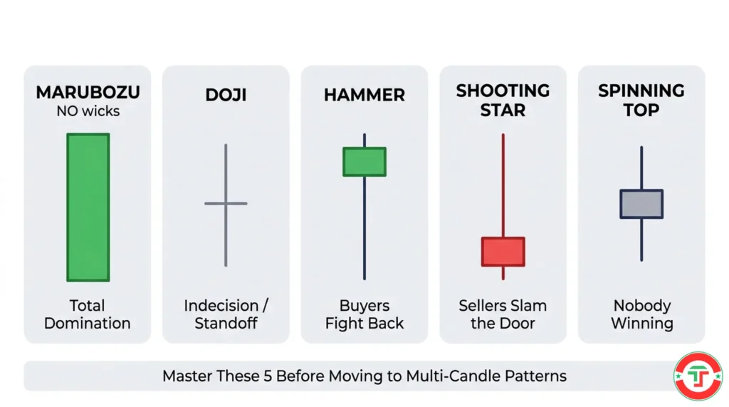 Infographic showing the five essential single candlestick types for beginners: Marubozu for total domination, Doji for indecision, Hammer for buyer reversal, Shooting Star for seller reversal, and Spinning Top for confusion